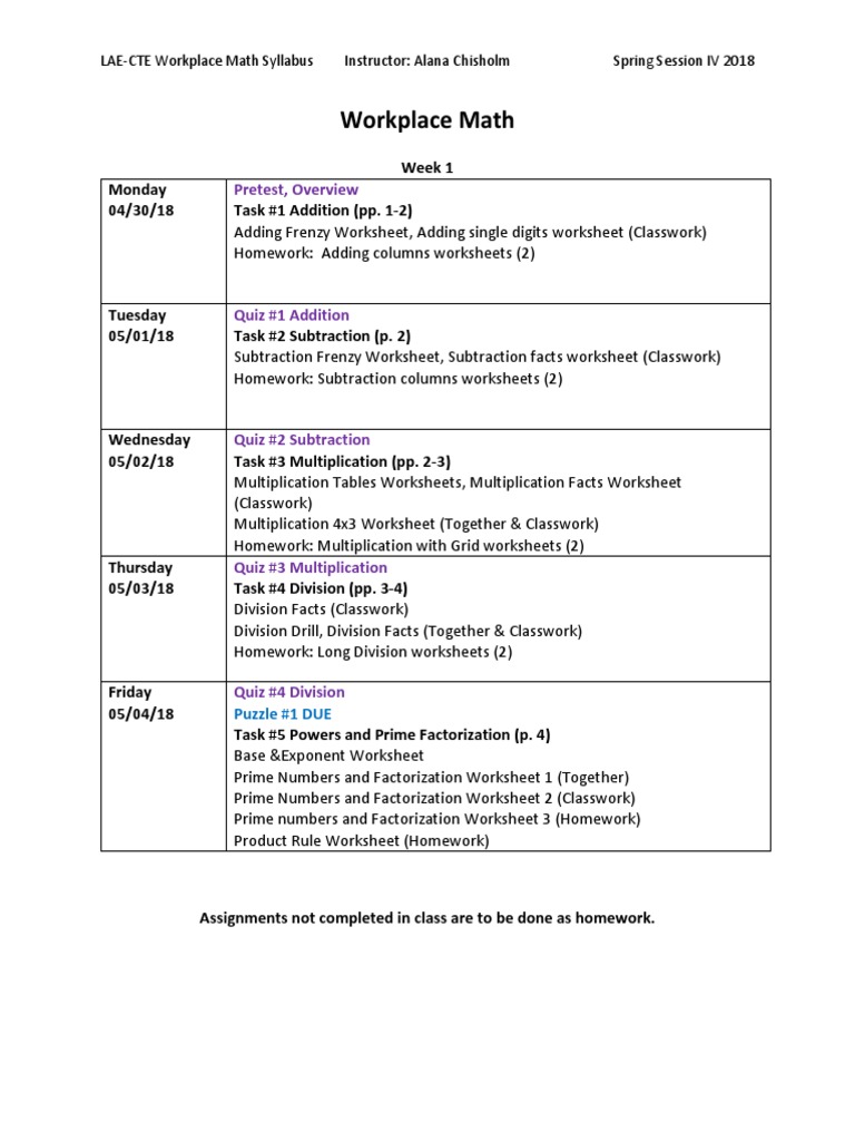 Workplace Math Course Syllabus | PDF | Fraction (Mathematics ...