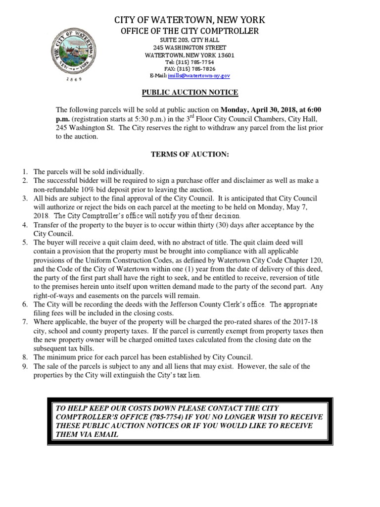 Public Notice Sale of City of Watertown Owned Properties Land Lot
