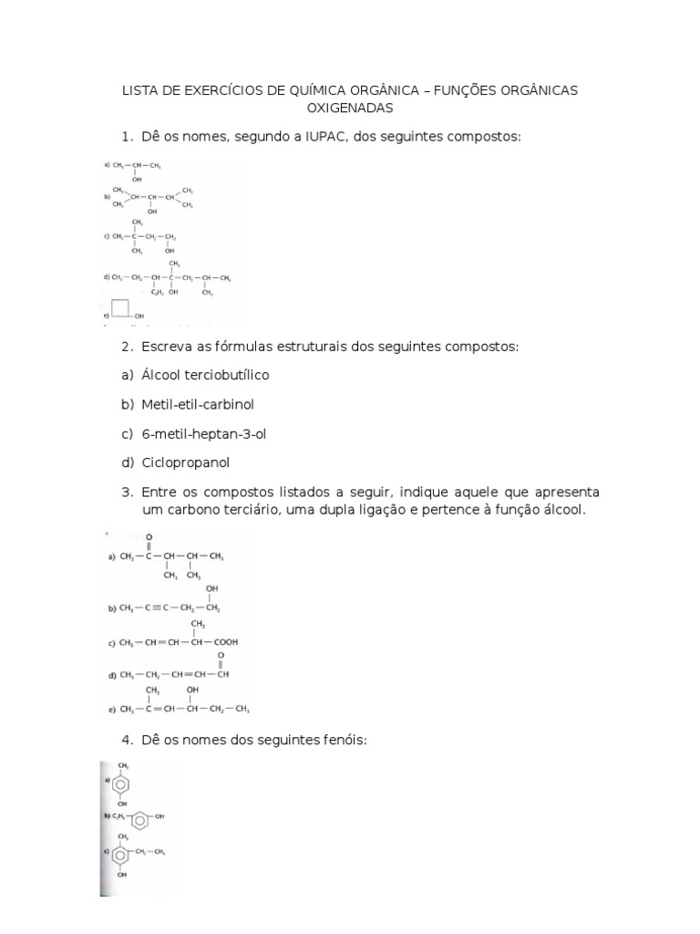 Exercícios de Química Orgânica: Funções Oxigenadas | PDF | Ciências e ...