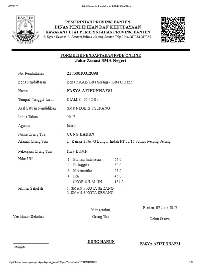 Print Formulir Pendaftaran Ppdb Sma Smk