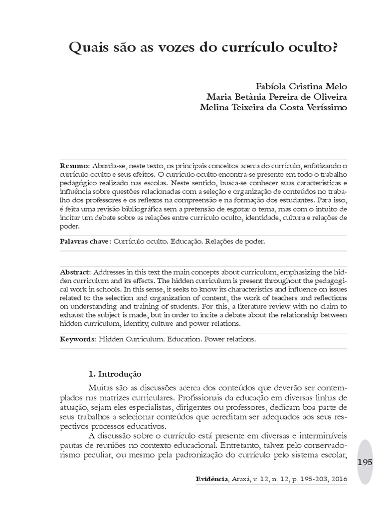 Currículo Oculto: Vozes e Poderes na Educação | PDF | Pedagogia ...