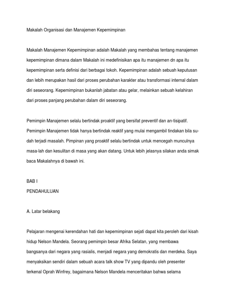 Makalah Organisasi Dan Manajemen Kepemimpinan Pdf