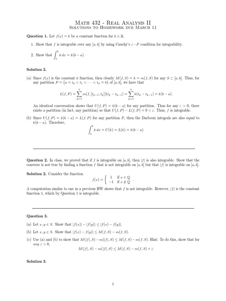 Math 432 - Real Analysis II: Solutions To Homework Due March 11 | PDF ...