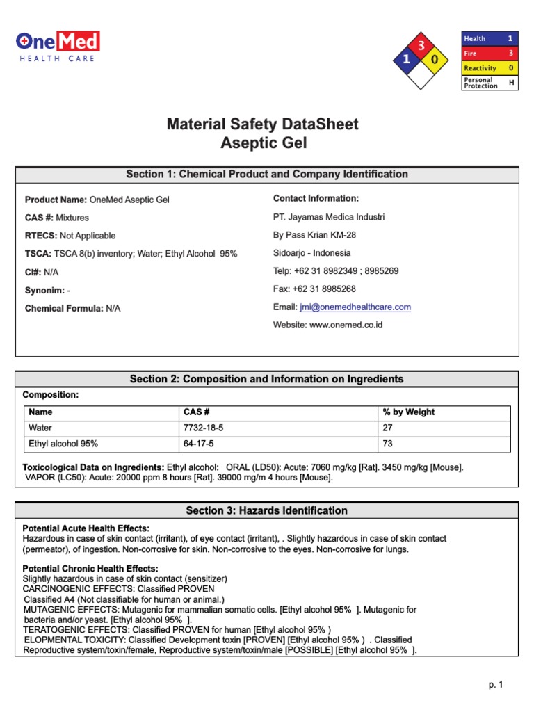 Material Safety Datasheet Aseptic Gel Section 1 Chemical Product and