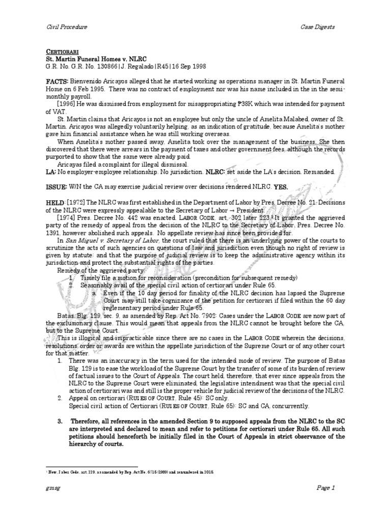 Administrative Law Digest (St. Martin Funeral Homes v. NLRC