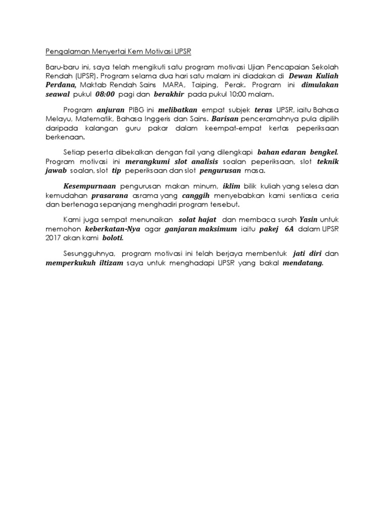 Pengalaman Menyertai Kem Motivasi Upsr Contoh Karangan