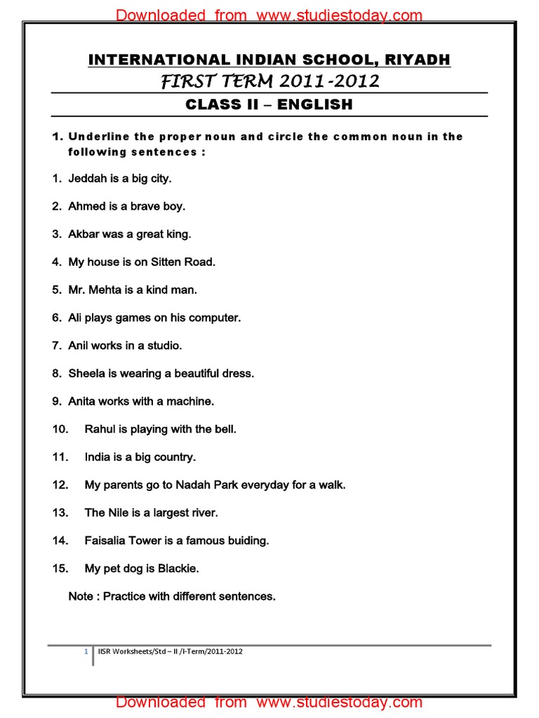 CBSE Class 2 English Practice Worksheets (78) - Proper Noun
