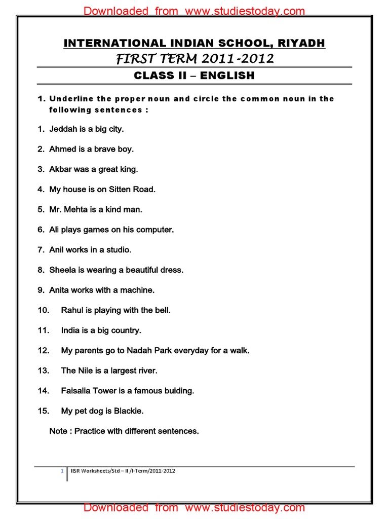 cbse class 2 english practice worksheets 78 proper noun