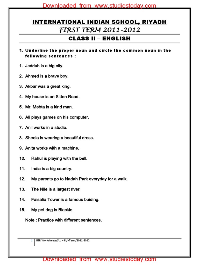 cbse class 2 english practice worksheets 78 proper noun pdf