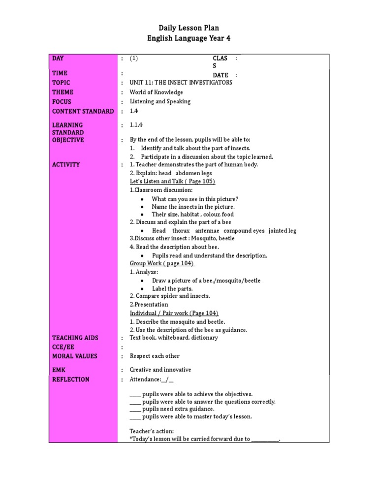 Daily Lesson Plan English Language Year 4 | PDF | Lesson Plan | Reading ...