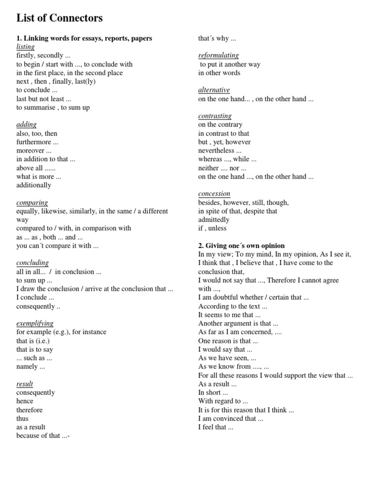List of Connectors PDF Reason Essays