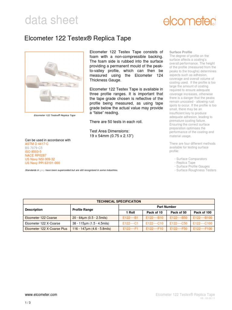 Testex Tape Product Data Sheet 122 | PDF | Surface Roughness | Industries