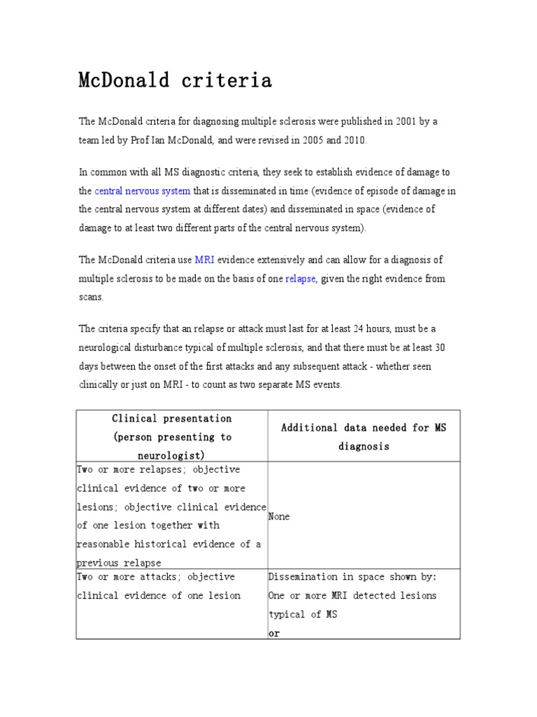 McDonald Criteria for MS Diagnosis | PDF | Multiple Sclerosis | Immune ...