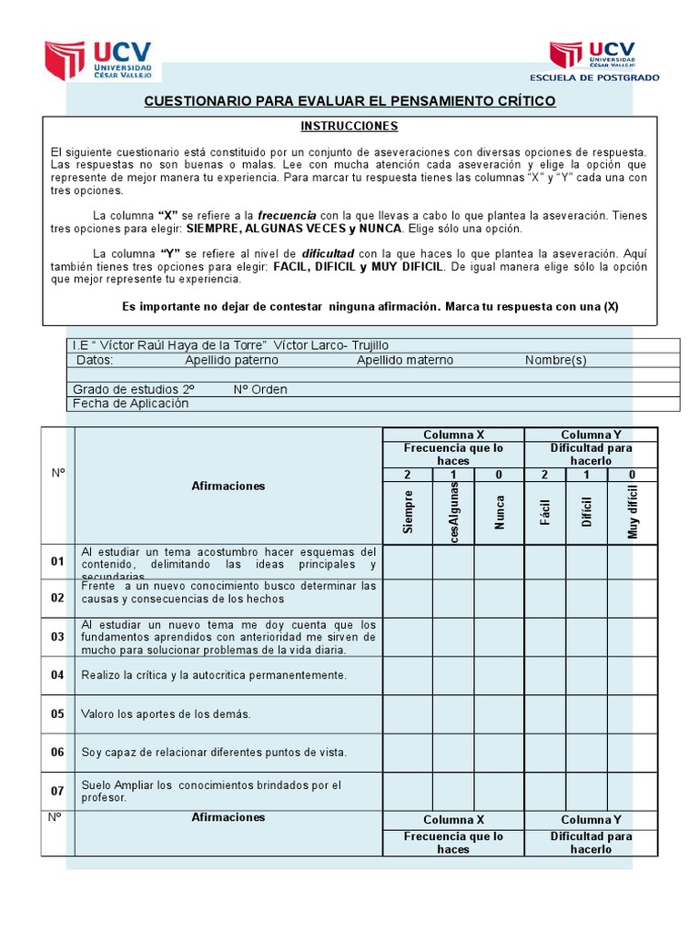 Cuestionario de Evaluación del Pensamiento Crítico | PDF | Pensamiento ...