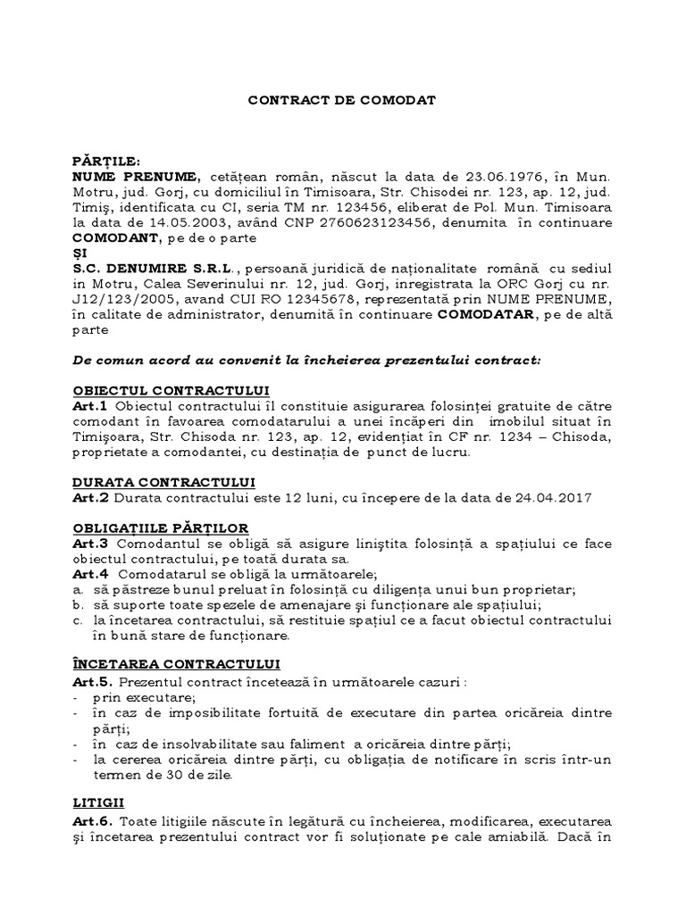 Model Contract De Comodat