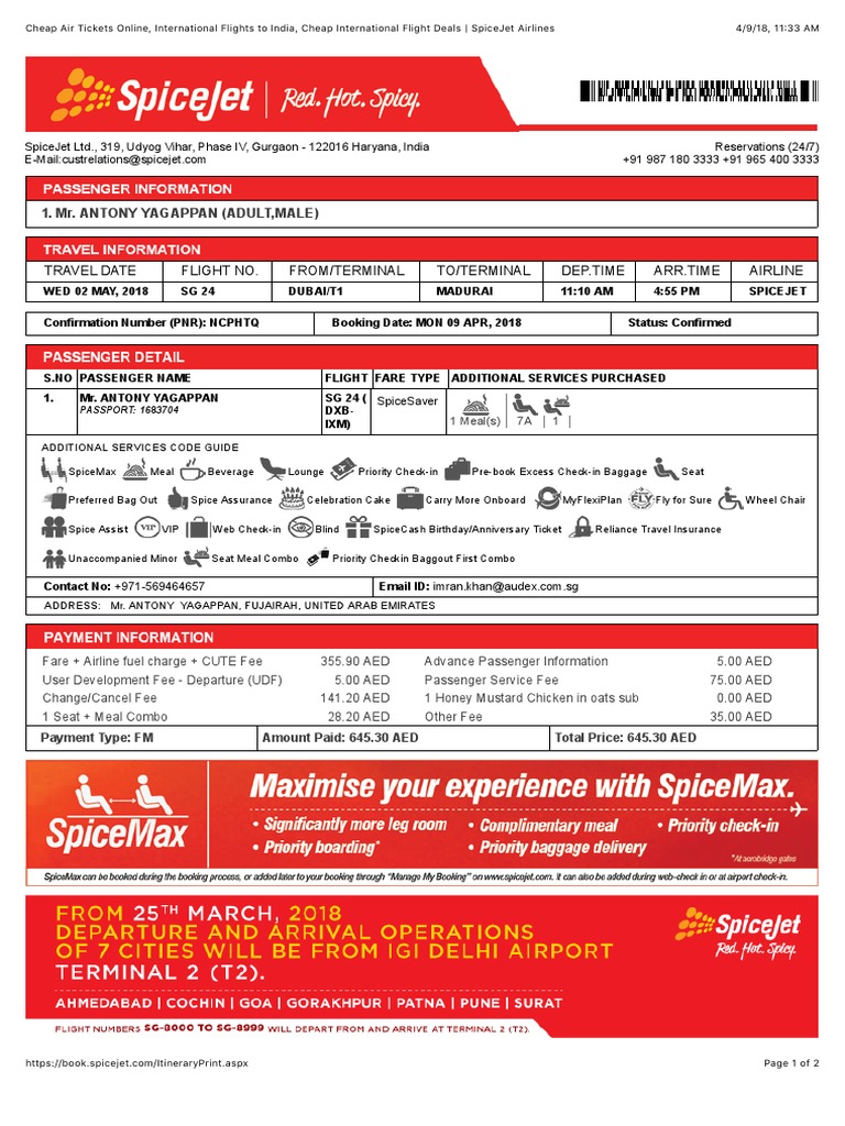 Flight Itinerary and Booking Details for Mr. Antony Yagappan's Trip