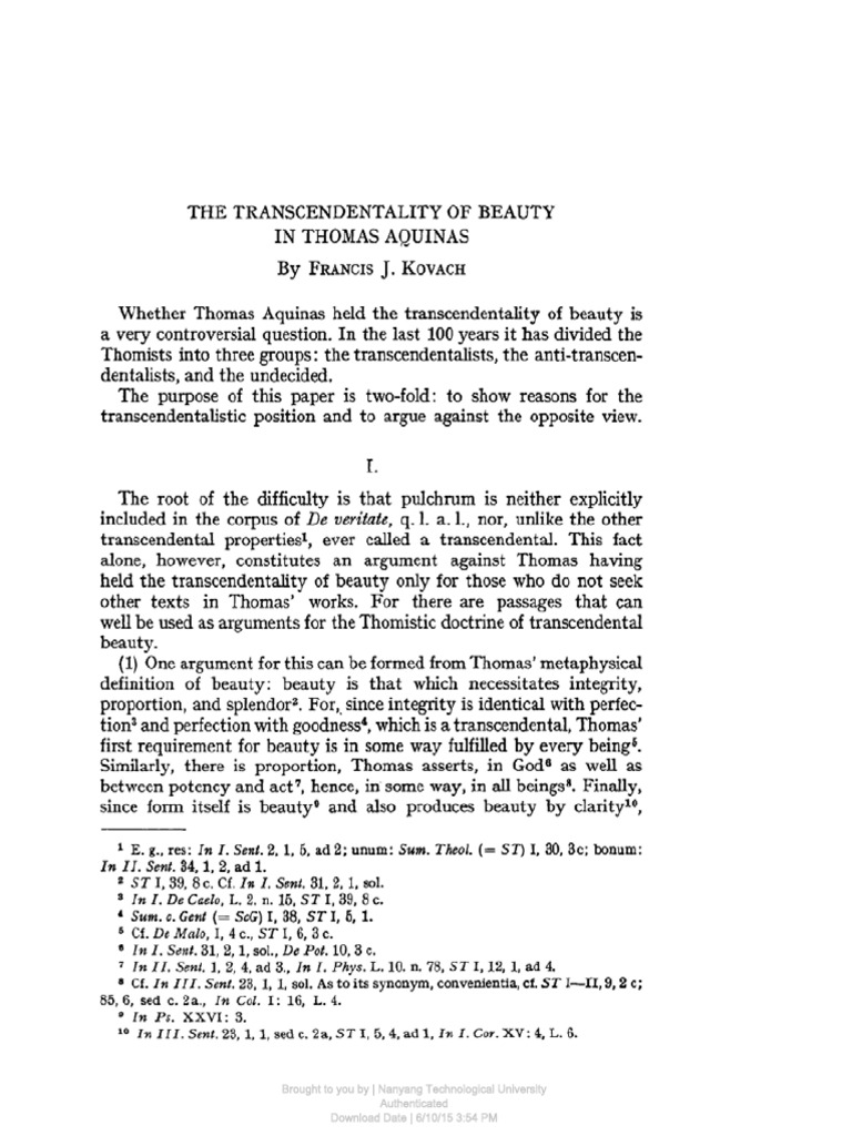 The Transcendentality of Beauty in Thomas Aquinas A Defense of the Thomistic Doctrine Through a