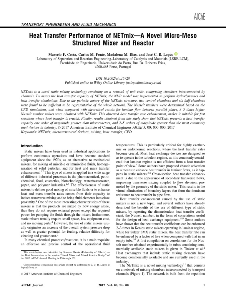 Heat Transfer Performance of Netmix-A Novel Micro-Meso Structured Mixer ...