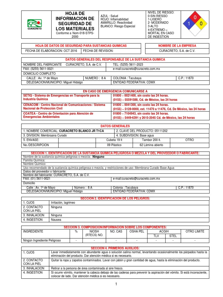 Hoja de Datos de Seguridad Curacreto Blanco | PDF | Agua | Química
