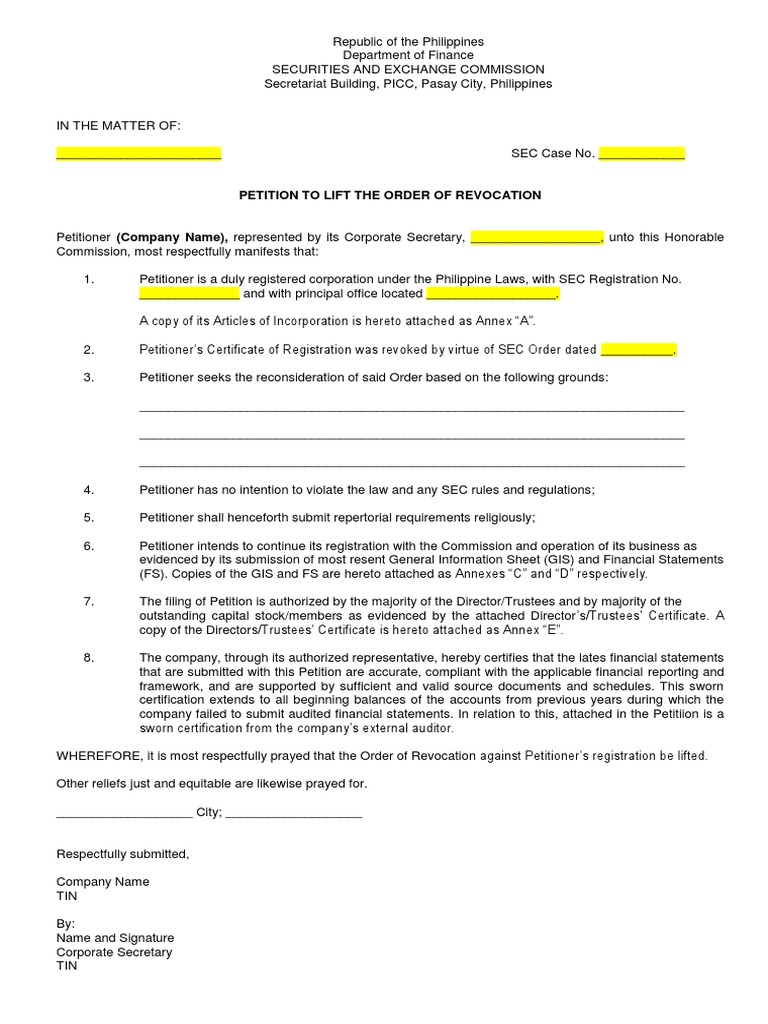 SEC Petition to Lift the Order of Revocation.docx U.S. Securities And