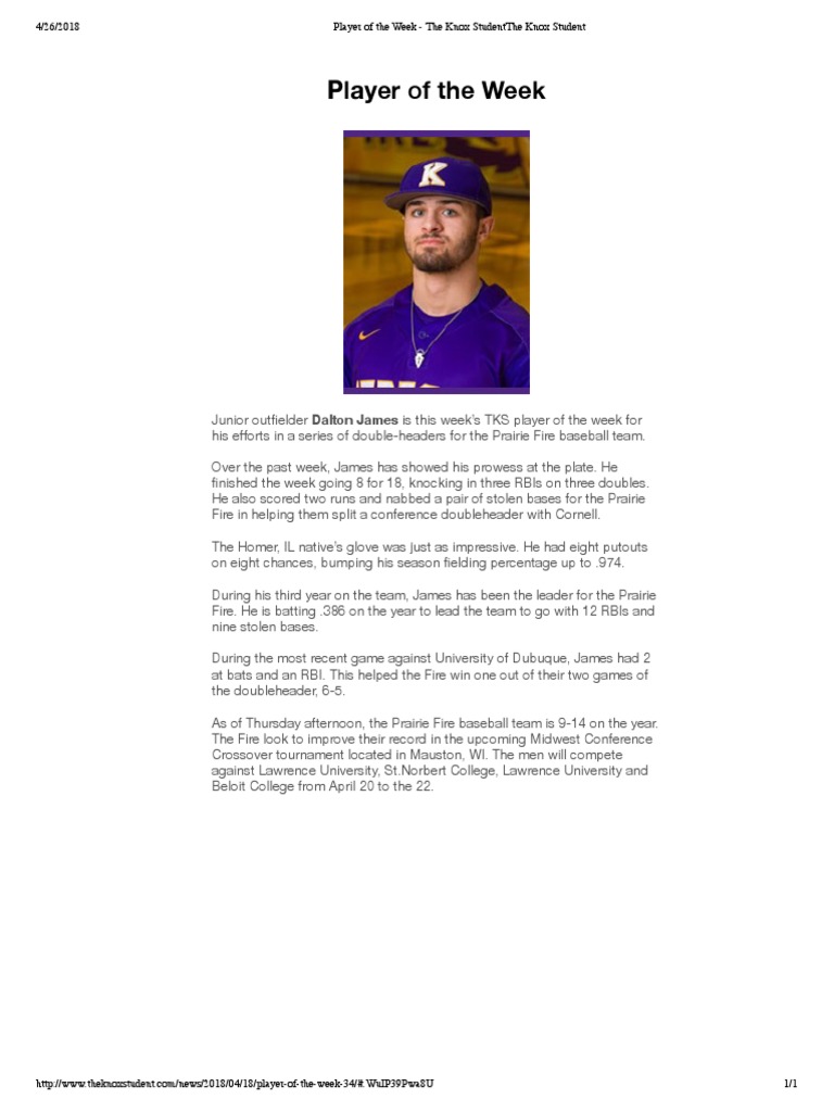 Player of The Week The Knox Studentthe Knox Student PDF Sports