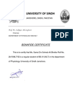 University of Sindh Bonafide Certificate