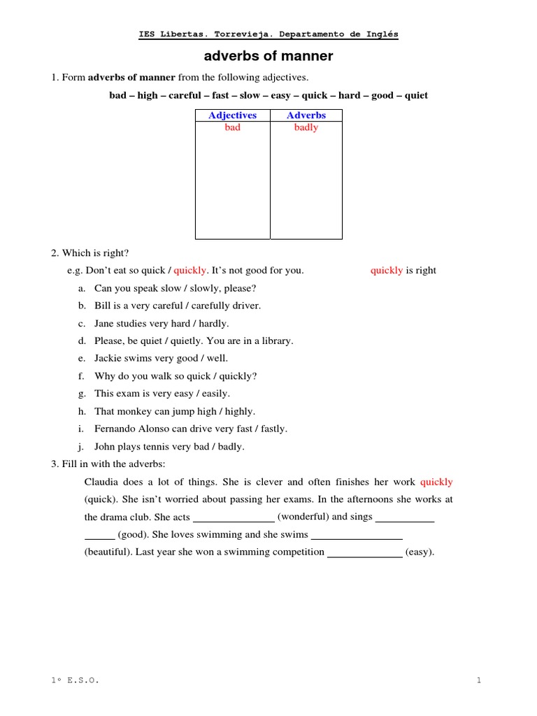 Adverb of Manner - Exercises 1 PDF | PDF | Language Arts & Discipline