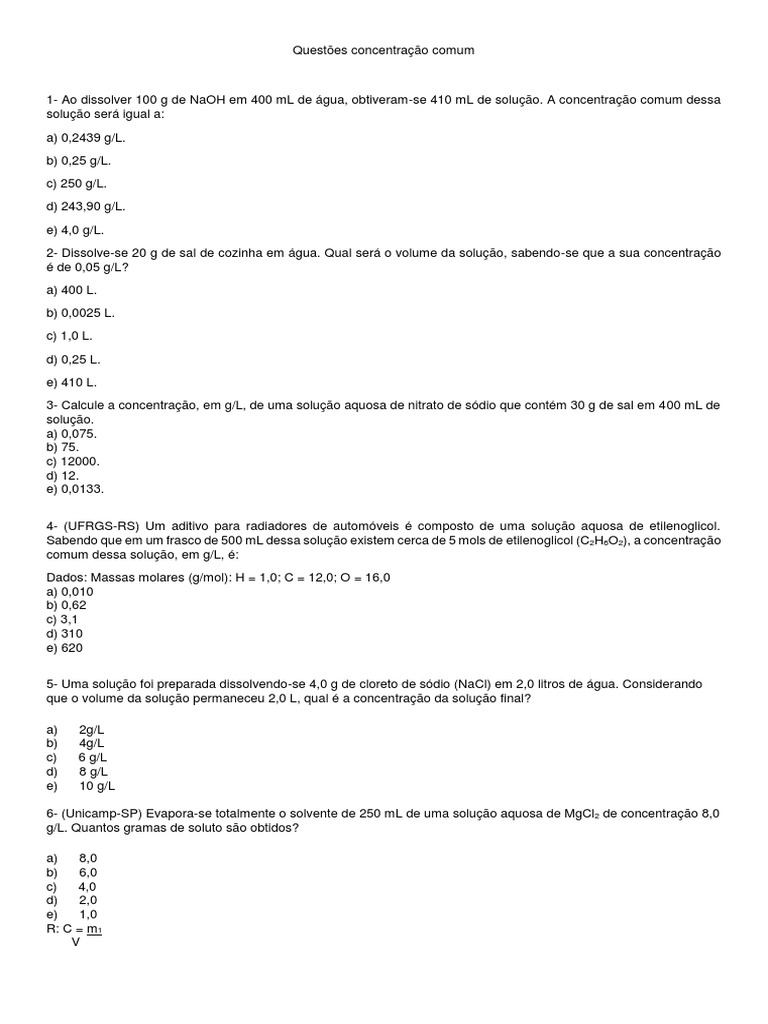 Exercícios sobre Concentração Comum | PDF | Solução | Concentração