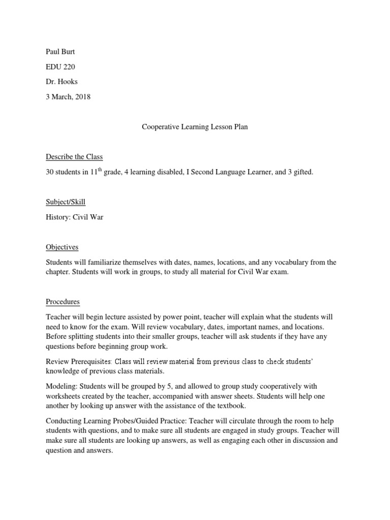 Cooperative Lesson Plan | PDF | Quiz | Lesson Plan