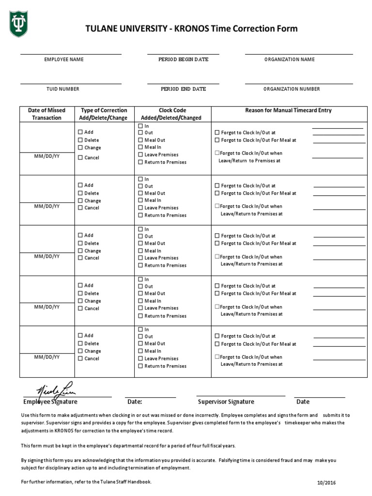TULANE UNIVERSITY KRONOS Time Correction Form PDF Business Business