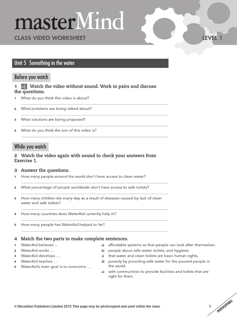 MasterMind 1 Unit 5 Class Video Worksheet | PDF | Drinking Water | Water