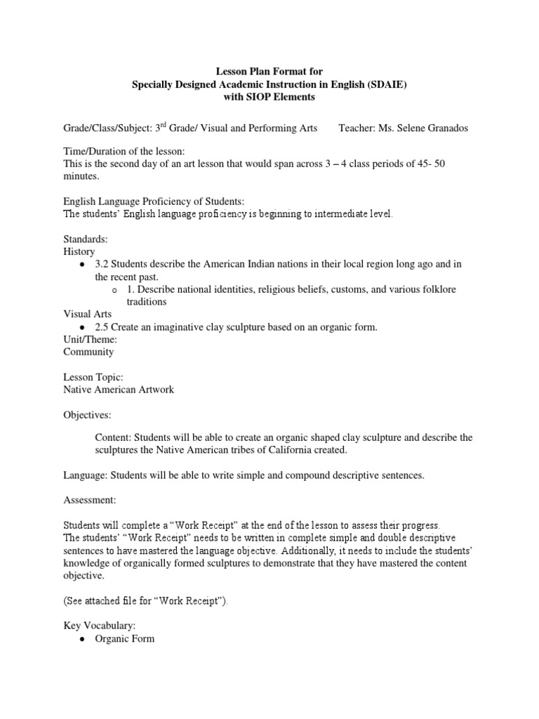 SDAIE Lesson Plan: Native American Art | PDF | Reading Comprehension ...