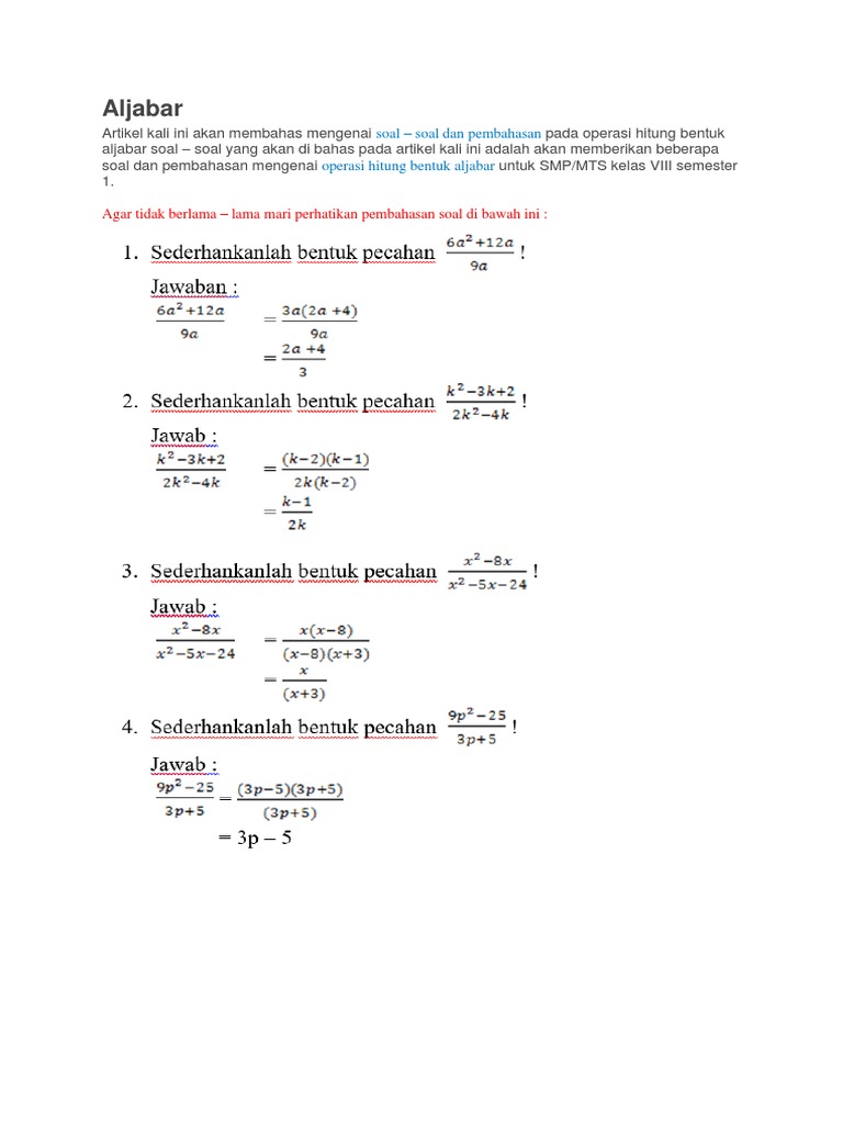 16 Contoh Soal Pilihan Ganda Aljabar Dan Jawabannya Kumpulan Contoh Soal