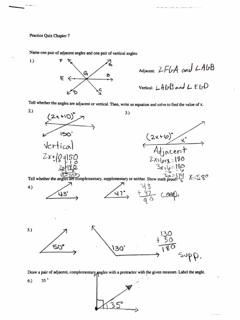 Math 7 Angles Practice Quiz PDF Triangle Angle