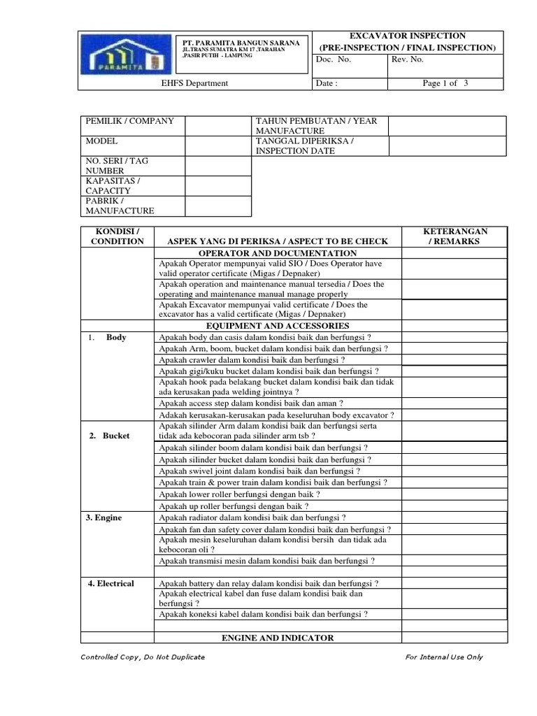 Inspeksi Excavator: Prosedur dan Checklist | PDF