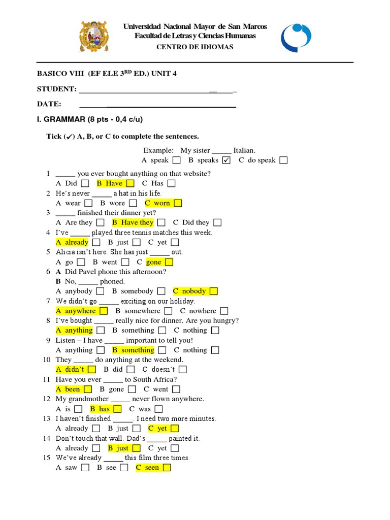Basic English Grammar and Vocabulary Test | PDF