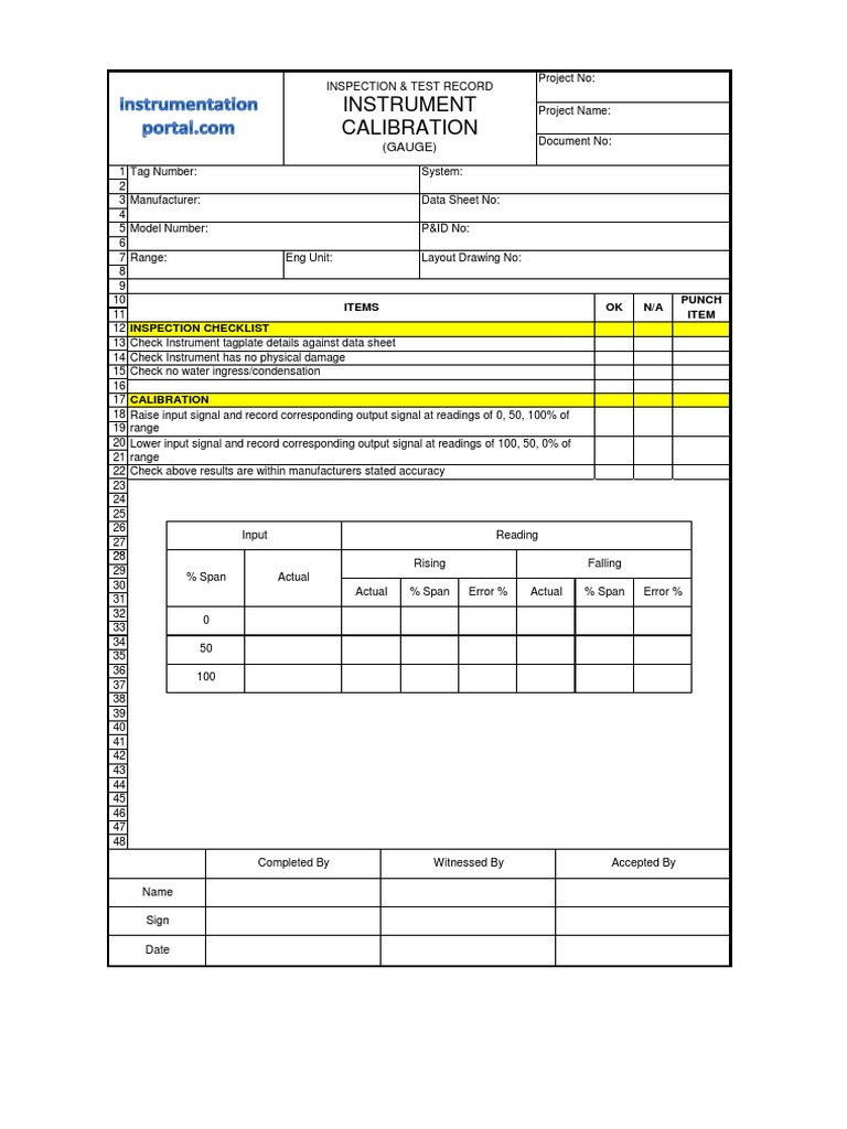 Instrument Calibration Checklist Template | PDF | Calibration ...