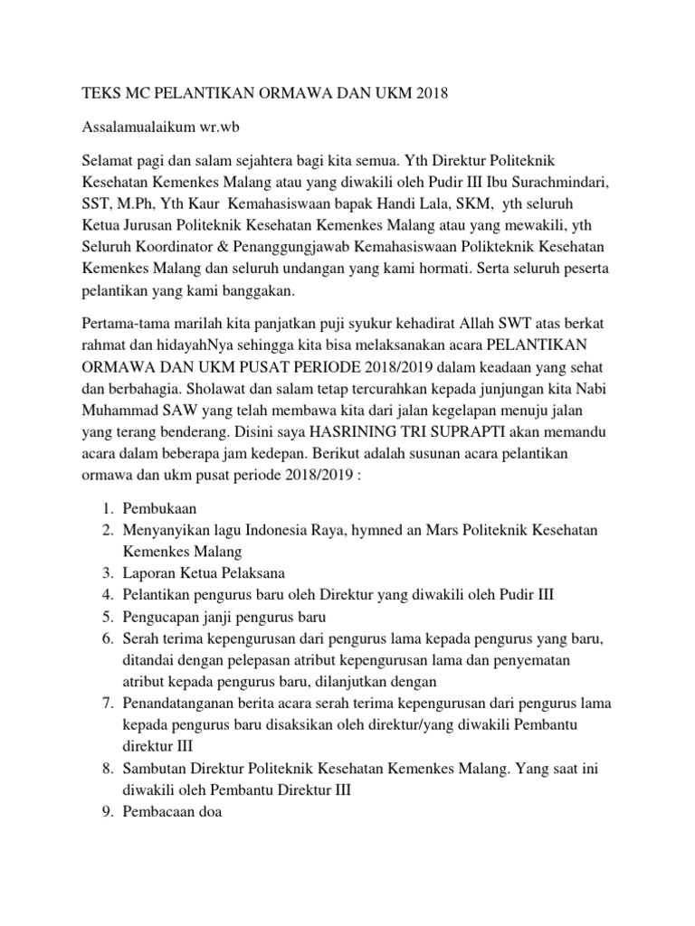 Teks Pembawa Acara Pelantikan Pengurus Kumpulan Contoh Teks Mc