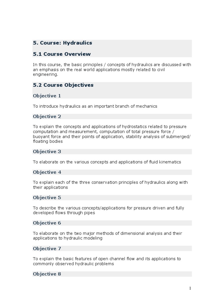Hydraulics Course Overview and Objectives | PDF | Pressure Measurement ...