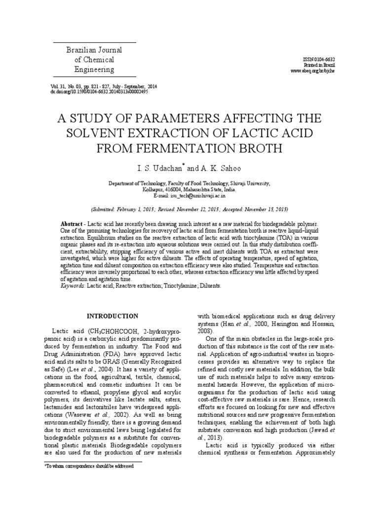 Solvent Extraction of Lactic Acid | PDF | Amine | Lactic Acid