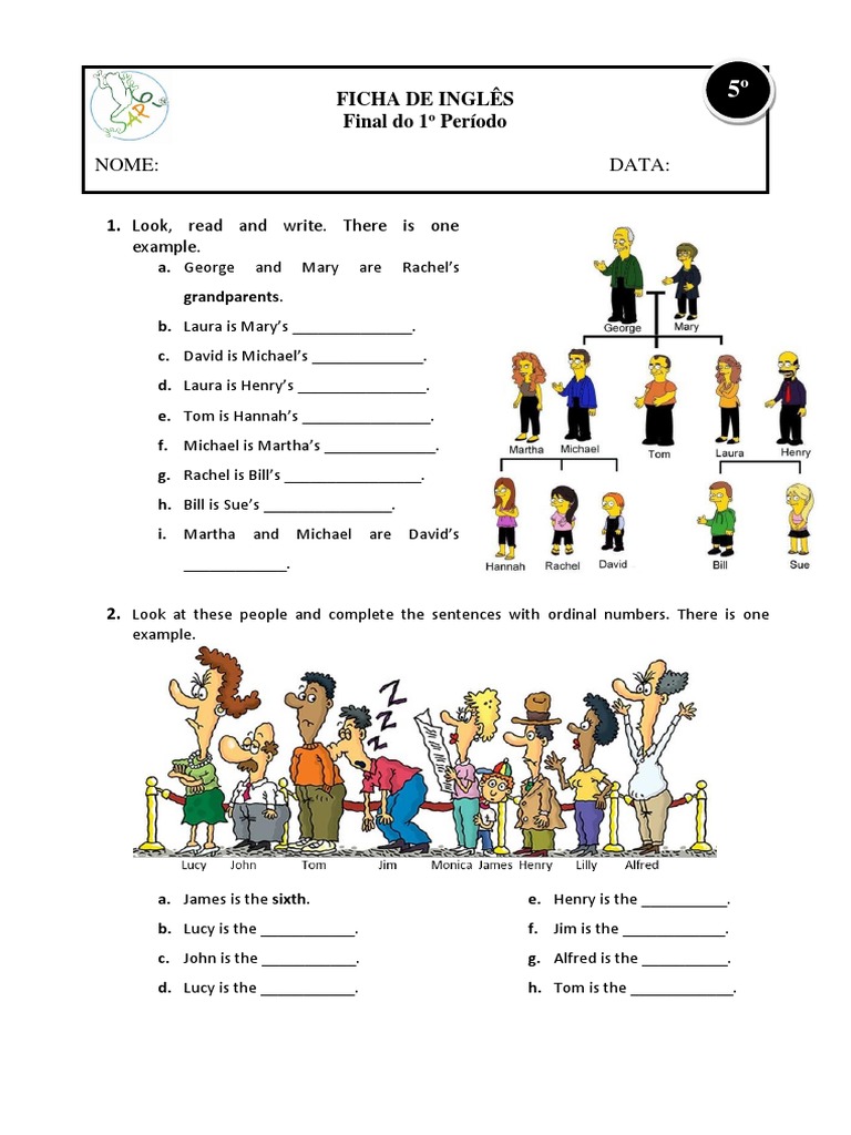 Ficha 5 Ano Ingles Final 1º Periodo | PDF | Question