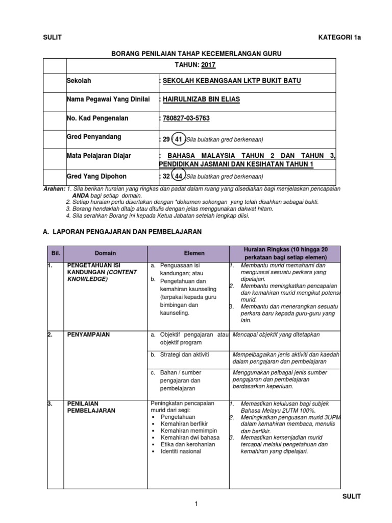 Borang penilaian tahap kecemerlangan guru kategori 1a