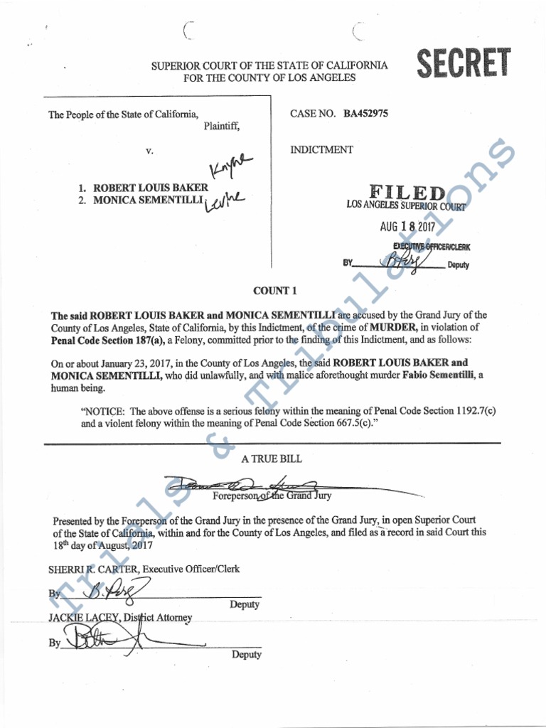 08:17:17 Robert Louis Baker, Monica Sementilli Grand Jury Indictment | PDF
