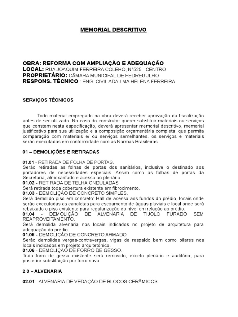 Memorial Descritivo - Reforma | Torneira | Acessibilidade