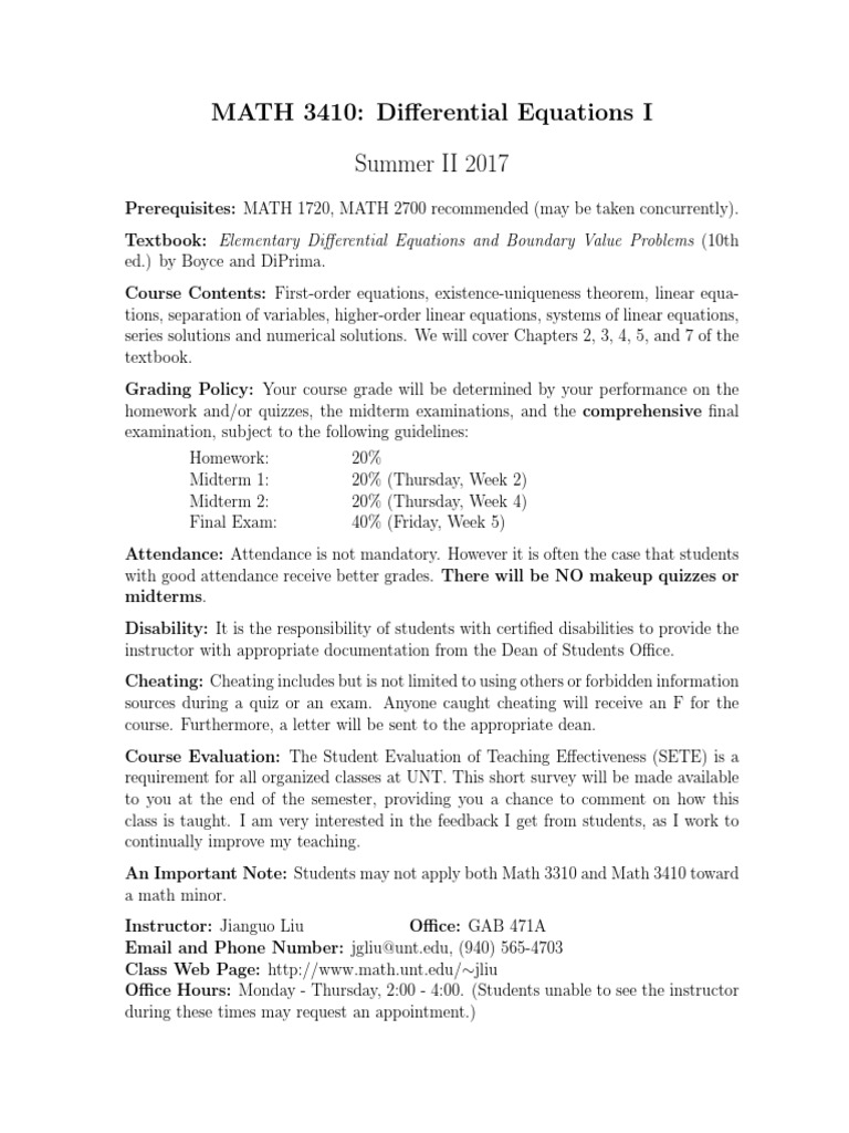 UNT Summer Diff Eq Syllabus PDF PDF Course Evaluation Test