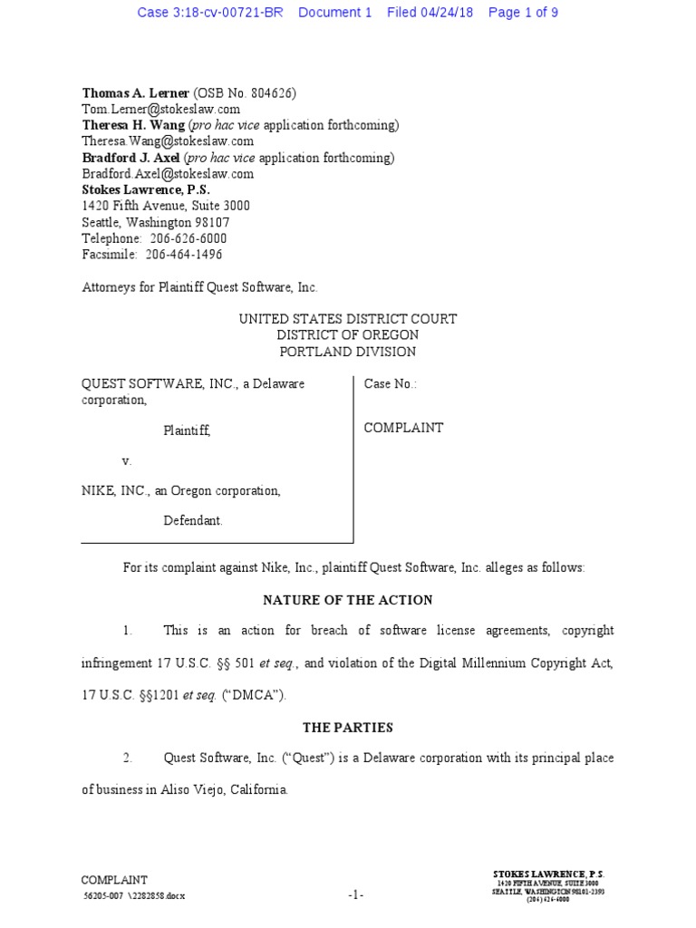 Quest Software Complaint PDF Copyright Infringement Oracle Database