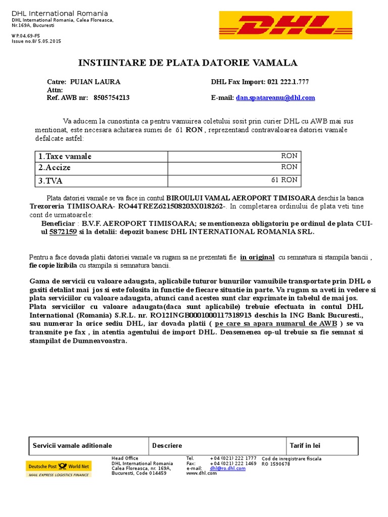 Instiintare Plata Datoriasddadse Vamala Cont Vama