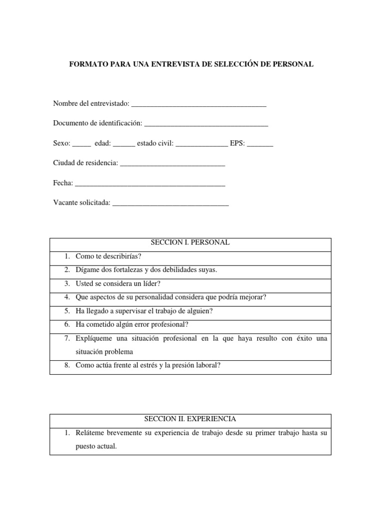 Formato Para Una Entrevista De Selección De Personal