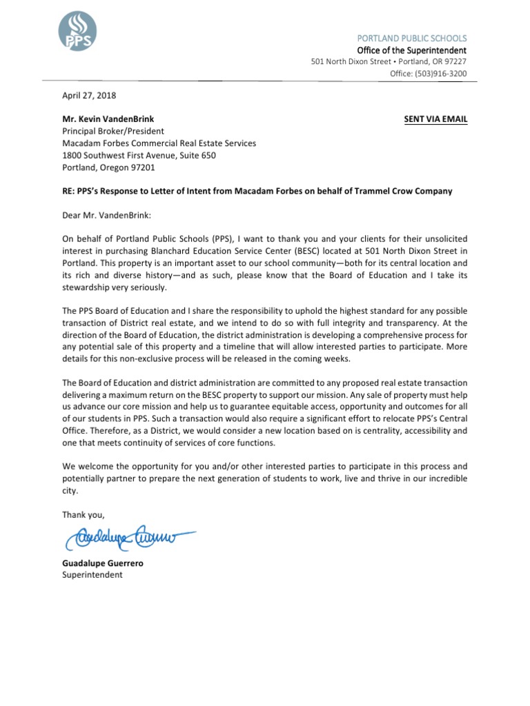 PPS's Response To Letter of Intent From Macadam Forbes Final April