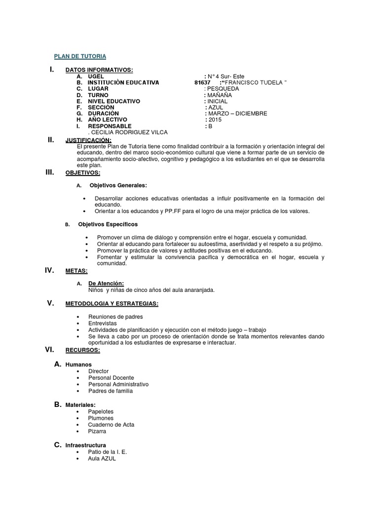 Plan Tutorial de Aula | PDF | Salón de clases | Lectura (proceso)